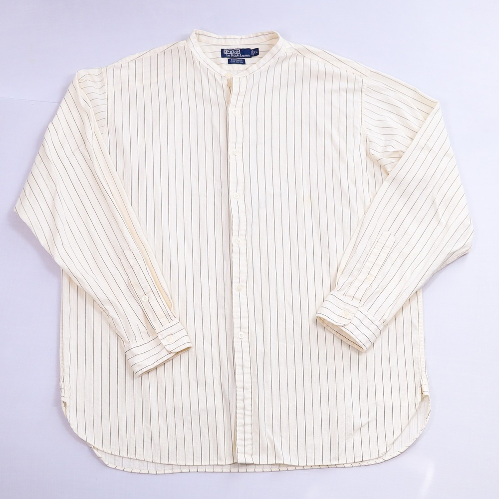 Polo Ralph Lauren Bernard Shirt Mens XL Cream Pinstripe Banded Grandad Collar XL